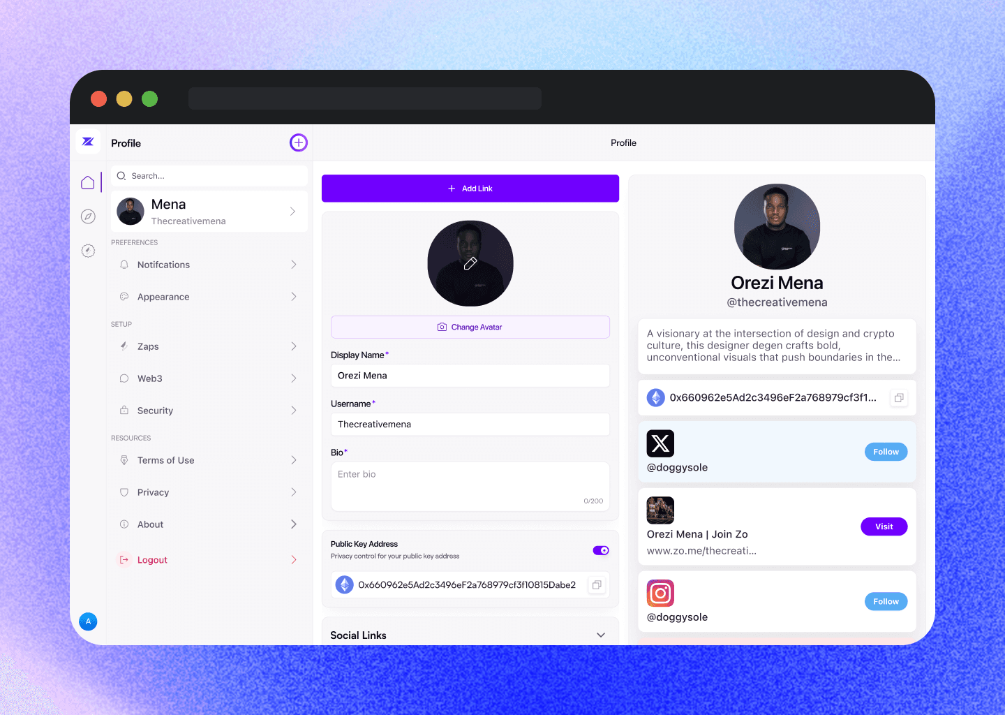 A profile showcasing NFTs, socials, and installed agents